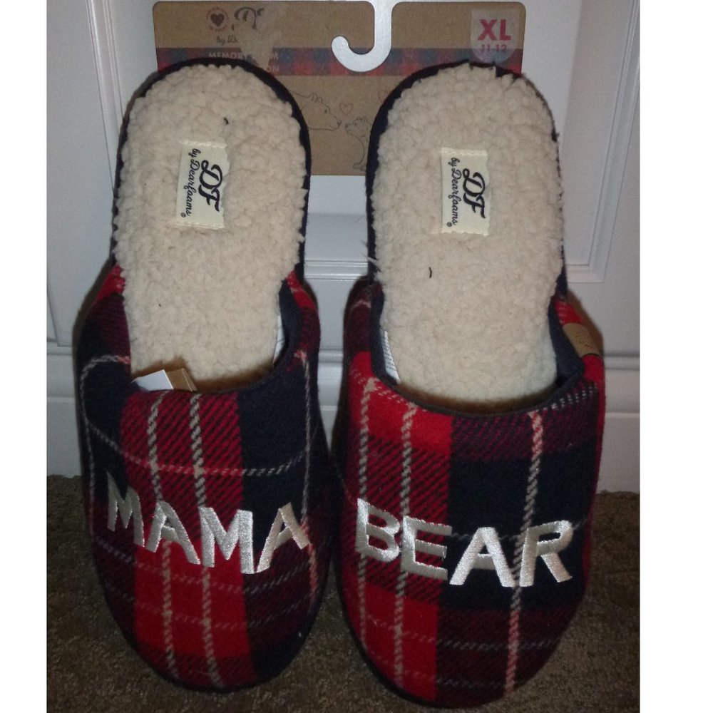 Womens DF by Dearfoams MAMA BEAR Scuff Slippers Size XL 11/12 NWT Navy Plaid